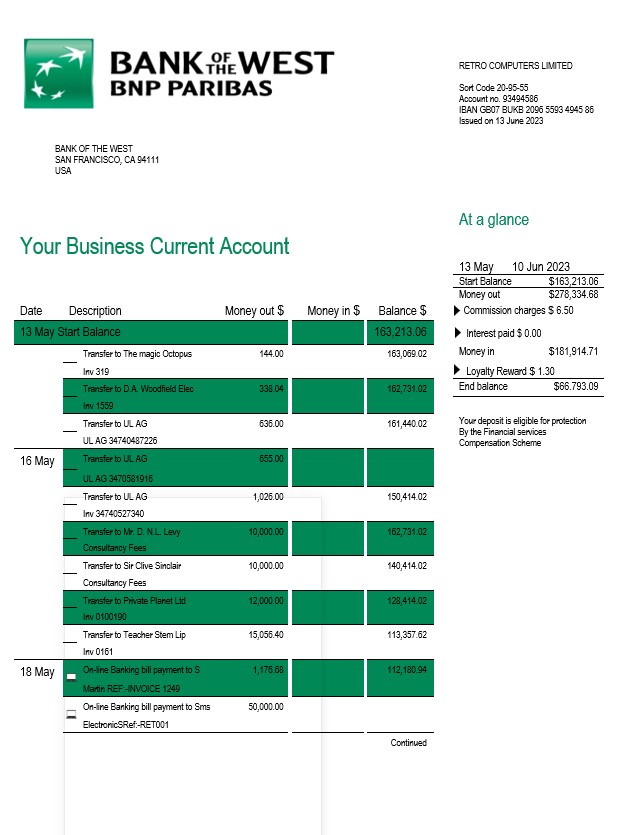 Modèle Word et PDF de relevé de compte courant de la société Bank of the West